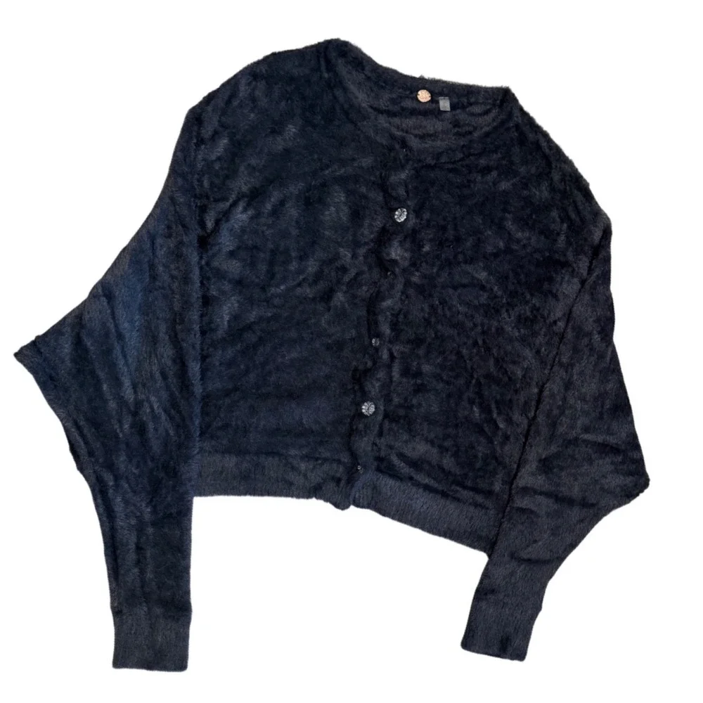 Free People FP One Black Fuzzy Eyelash Knit Batwing Cropped Cardigan Sweater M